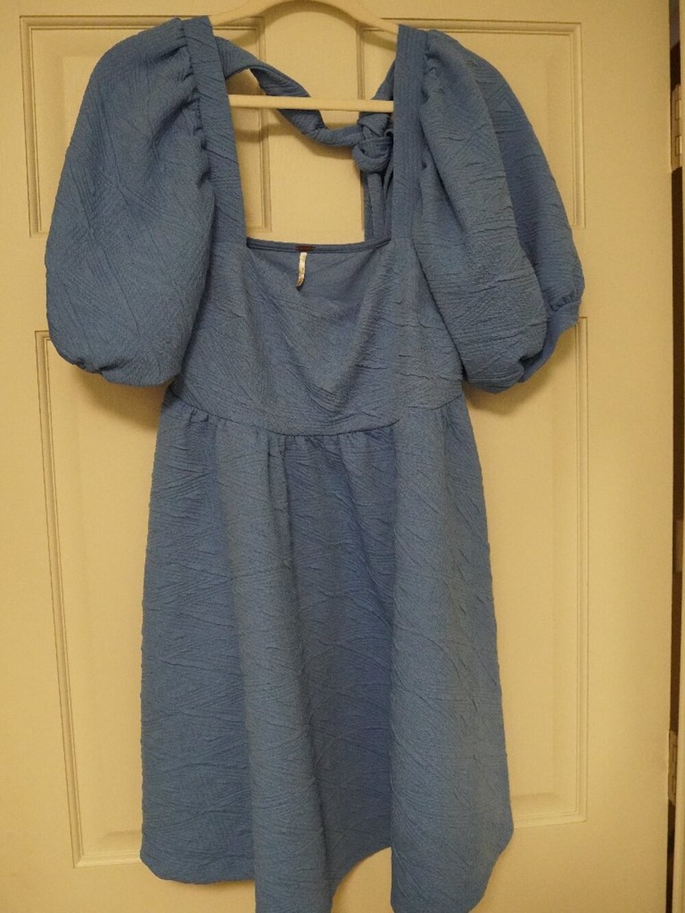 Free People Blue Puff Sleeve Tie Back Textured Midi Dress Size M